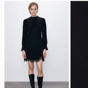 Zara Long Sleeve Draped Mini Dress with Lace Trim